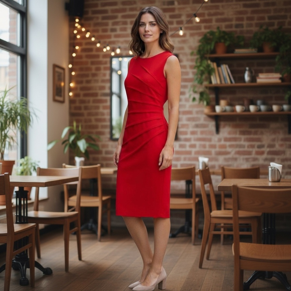 Calvin Klein Sunburst Red Fully Lined Midi Dress. Size 8